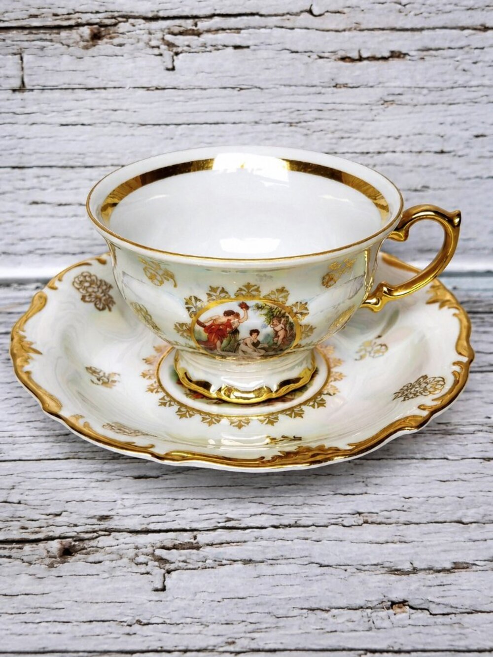 L'Amour Fine China Germany Pearl Lusterware Vintage Teacup Saucer Gold Courting